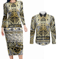 Aotearoa Iwi Ngati Whatua Couples Matching Long Sleeve Bodycon Dress and Long Sleeve Button Shirt Maori Wharenui House Tribal Pattern
