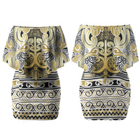 Aotearoa Iwi Ngati Whatua Couples Matching Off Shoulder Short Dress and Long Sleeve Button Shirt Maori Wharenui House Tribal Pattern