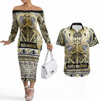 Aotearoa Iwi Ngati Whatua Couples Matching Off The Shoulder Long Sleeve Dress and Hawaiian Shirt Maori Wharenui House Tribal Pattern