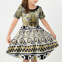 Aotearoa Iwi Ngati Whatua Kid Short Sleeve Dress Maori Wharenui House Tribal Pattern
