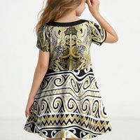 Aotearoa Iwi Ngati Whatua Kid Short Sleeve Dress Maori Wharenui House Tribal Pattern
