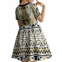 Aotearoa Iwi Ngati Whatua Kid Short Sleeve Dress Maori Wharenui House Tribal Pattern