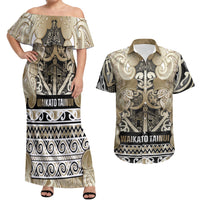 Aotearoa Iwi Waikato Tainui Couples Matching Off Shoulder Maxi Dress and Hawaiian Shirt Maori Wharenui House Tribal Pattern
