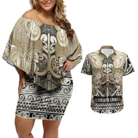Aotearoa Iwi Waikato Tainui Couples Matching Off Shoulder Short Dress and Hawaiian Shirt Maori Wharenui House Tribal Pattern