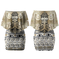 Aotearoa Iwi Waikato Tainui Couples Matching Off Shoulder Short Dress and Hawaiian Shirt Maori Wharenui House Tribal Pattern
