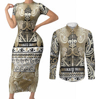 Aotearoa Iwi Waikato Tainui Couples Matching Short Sleeve Bodycon Dress and Long Sleeve Button Shirt Maori Wharenui House Tribal Pattern