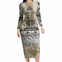 Aotearoa Iwi Waikato Tainui Long Sleeve Bodycon Dress Maori Wharenui House Tribal Pattern