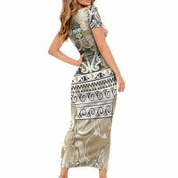 Aotearoa Iwi Waikato Tainui Short Sleeve Bodycon Dress Maori Wharenui House Tribal Pattern
