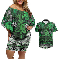 Aotearoa Iwi Ngati Maniapoto Couples Matching Off Shoulder Short Dress and Hawaiian Shirt Maori Wharenui House Tribal Pattern