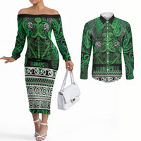 Aotearoa Iwi Ngati Maniapoto Couples Matching Off The Shoulder Long Sleeve Dress and Long Sleeve Button Shirt Maori Wharenui House Tribal Pattern