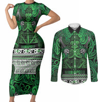 Aotearoa Iwi Ngati Maniapoto Couples Matching Short Sleeve Bodycon Dress and Long Sleeve Button Shirt Maori Wharenui House Tribal Pattern