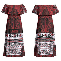 Aotearoa Iwi Te Arawa Couples Matching Off Shoulder Maxi Dress and Long Sleeve Button Shirt Maori Wharenui House Tribal Pattern