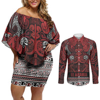 Aotearoa Iwi Te Arawa Couples Matching Off Shoulder Short Dress and Long Sleeve Button Shirt Maori Wharenui House Tribal Pattern