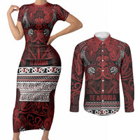 Aotearoa Iwi Te Arawa Couples Matching Short Sleeve Bodycon Dress and Long Sleeve Button Shirt Maori Wharenui House Tribal Pattern