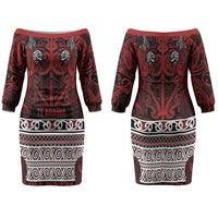 Aotearoa Iwi Te Arawa Family Matching Off The Shoulder Long Sleeve Dress and Hawaiian Shirt Maori Wharenui House Tribal Pattern