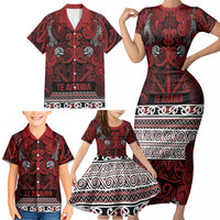 Aotearoa Iwi Te Arawa Family Matching Short Sleeve Bodycon Dress and Hawaiian Shirt Maori Wharenui House Tribal Pattern