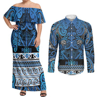 Aotearoa Iwi Ngati Porou Couples Matching Off Shoulder Maxi Dress and Long Sleeve Button Shirt Maori Wharenui House Tribal Pattern