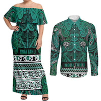 Aotearoa Iwi Ngai Tahu Couples Matching Off Shoulder Maxi Dress and Long Sleeve Button Shirt Maori Wharenui House Tribal Pattern