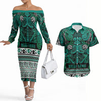 Aotearoa Iwi Ngai Tahu Couples Matching Off The Shoulder Long Sleeve Dress and Hawaiian Shirt Maori Wharenui House Tribal Pattern