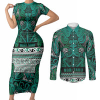 Aotearoa Iwi Ngai Tahu Couples Matching Short Sleeve Bodycon Dress and Long Sleeve Button Shirt Maori Wharenui House Tribal Pattern