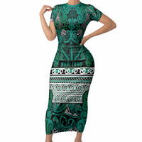 Aotearoa Iwi Ngai Tahu Short Sleeve Bodycon Dress Maori Wharenui House Tribal Pattern