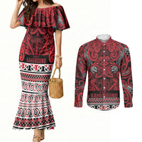 Aotearoa Iwi Ngati Kahungunu Couples Matching Mermaid Dress and Long Sleeve Button Shirt Maori Wharenui House Tribal Pattern