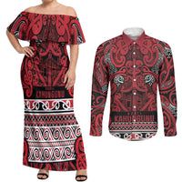 Aotearoa Iwi Ngati Kahungunu Couples Matching Off Shoulder Maxi Dress and Long Sleeve Button Shirt Maori Wharenui House Tribal Pattern