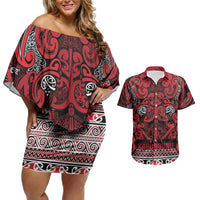 Aotearoa Iwi Ngati Kahungunu Couples Matching Off Shoulder Short Dress and Hawaiian Shirt Maori Wharenui House Tribal Pattern
