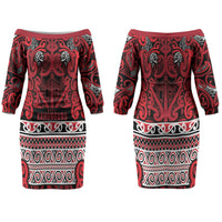 Aotearoa Iwi Ngati Kahungunu Couples Matching Off The Shoulder Long Sleeve Dress and Hawaiian Shirt Maori Wharenui House Tribal Pattern