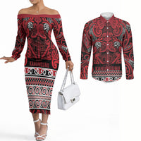 Aotearoa Iwi Ngati Kahungunu Couples Matching Off The Shoulder Long Sleeve Dress and Long Sleeve Button Shirt Maori Wharenui House Tribal Pattern