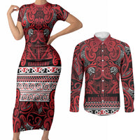 Aotearoa Iwi Ngati Kahungunu Couples Matching Short Sleeve Bodycon Dress and Long Sleeve Button Shirt Maori Wharenui House Tribal Pattern