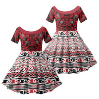 Aotearoa Iwi Ngati Kahungunu Family Matching Off The Shoulder Long Sleeve Dress and Hawaiian Shirt Maori Wharenui House Tribal Pattern