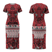 Aotearoa Iwi Ngati Kahungunu Family Matching Short Sleeve Bodycon Dress and Hawaiian Shirt Maori Wharenui House Tribal Pattern