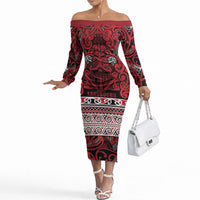 Aotearoa Iwi Ngati Kahungunu Off The Shoulder Long Sleeve Dress Maori Wharenui House Tribal Pattern