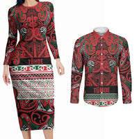 Aotearoa Iwi Tuhoe Couples Matching Long Sleeve Bodycon Dress and Long Sleeve Button Shirt Maori Wharenui House Tribal Pattern