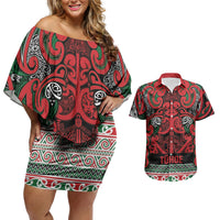 Aotearoa Iwi Tuhoe Couples Matching Off Shoulder Short Dress and Hawaiian Shirt Maori Wharenui House Tribal Pattern