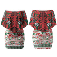 Aotearoa Iwi Tuhoe Couples Matching Off Shoulder Short Dress and Long Sleeve Button Shirt Maori Wharenui House Tribal Pattern