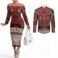 Aotearoa Iwi Tuhoe Couples Matching Off The Shoulder Long Sleeve Dress and Long Sleeve Button Shirt Maori Wharenui House Tribal Pattern