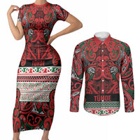 Aotearoa Iwi Tuhoe Couples Matching Short Sleeve Bodycon Dress and Long Sleeve Button Shirt Maori Wharenui House Tribal Pattern