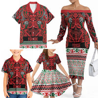 Aotearoa Iwi Tuhoe Family Matching Off The Shoulder Long Sleeve Dress and Hawaiian Shirt Maori Wharenui House Tribal Pattern