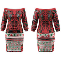 Aotearoa Iwi Tuhoe Family Matching Off The Shoulder Long Sleeve Dress and Hawaiian Shirt Maori Wharenui House Tribal Pattern