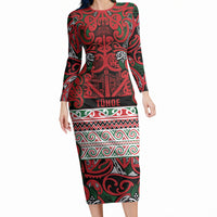 Aotearoa Iwi Tuhoe Long Sleeve Bodycon Dress Maori Wharenui House Tribal Pattern