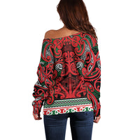 Aotearoa Iwi Tuhoe Off Shoulder Sweater Maori Wharenui House Tribal Pattern