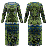 Aotearoa Iwi Whakatohea Couples Matching Long Sleeve Bodycon Dress and Long Sleeve Button Shirt Maori Wharenui House Tribal Pattern