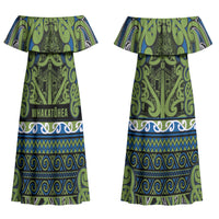 Aotearoa Iwi Whakatohea Couples Matching Off Shoulder Maxi Dress and Long Sleeve Button Shirt Maori Wharenui House Tribal Pattern