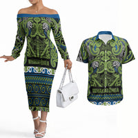 Aotearoa Iwi Whakatohea Couples Matching Off The Shoulder Long Sleeve Dress and Hawaiian Shirt Maori Wharenui House Tribal Pattern