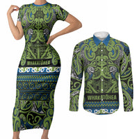 Aotearoa Iwi Whakatohea Couples Matching Short Sleeve Bodycon Dress and Long Sleeve Button Shirt Maori Wharenui House Tribal Pattern