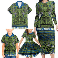 Aotearoa Iwi Whakatohea Family Matching Long Sleeve Bodycon Dress and Hawaiian Shirt Maori Wharenui House Tribal Pattern