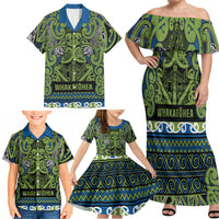Aotearoa Iwi Whakatohea Family Matching Off Shoulder Maxi Dress and Hawaiian Shirt Maori Wharenui House Tribal Pattern