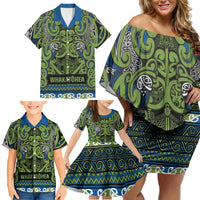 Aotearoa Iwi Whakatohea Family Matching Off Shoulder Short Dress and Hawaiian Shirt Maori Wharenui House Tribal Pattern